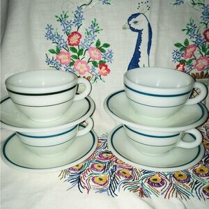 4- Vintage Pyrex restaurant ware BlueStriped Teacup Sets
